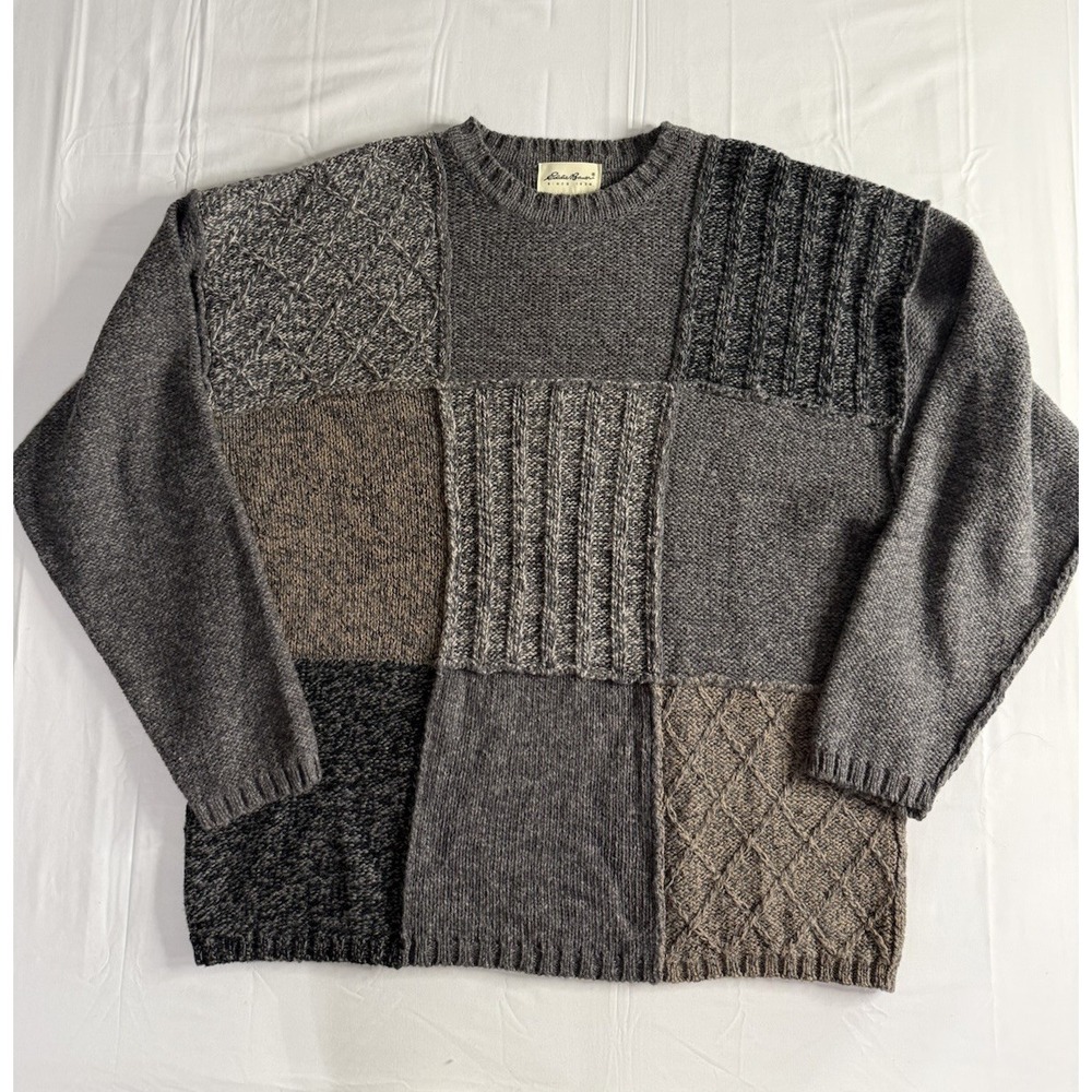 Vintage Eddie Bauer Gray Patchwork Crewneck Cotton Wool Knit Boxy Sweater Mens L